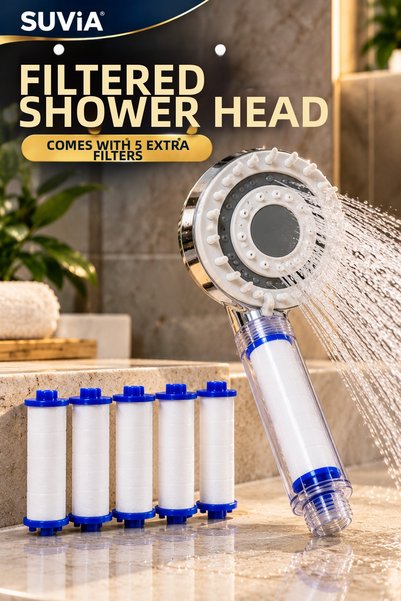 SUVİA Bathroom Faucet Filtered Shower Set 5-Function Shower Head 5 Replacement Filters Hose Joint Chrome