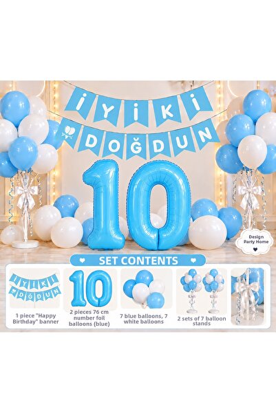 Dizayn Parti Evi 3-10 Years Old Blue and White Birthday Decoration Set – Happy Birthday Banner, Number Foil Balloon, 14 Balloons and 2 Balloon Stands 4 5 6 7 8 9 Years Old
