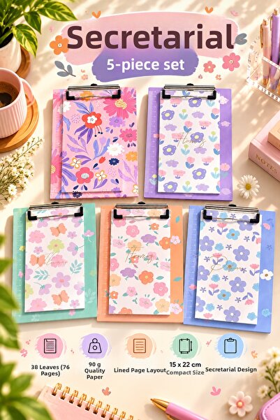 Daks Floral Patterned Secretary's Notepad Set of 5 - 15X22 cm – 38 Sheets Lin...
