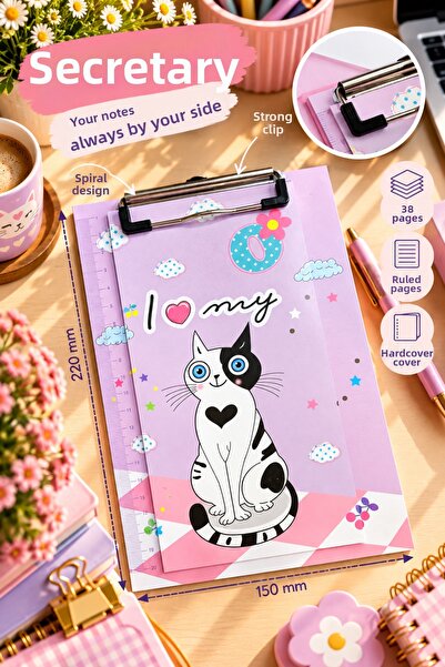 Daks Cat Patterned Secretary's Notepad 15X22 cm – 38 Sheets Lined Notepad - 1