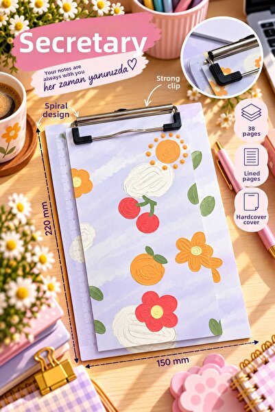 Daks Cherry Patterned Secretary's Notepad 15X22 cm – 38 Sheets Lined Notepad