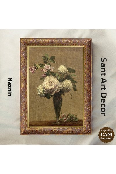 Sanart Pictură de perete cu flori albe într-o vază, în stil vintage, decor no...