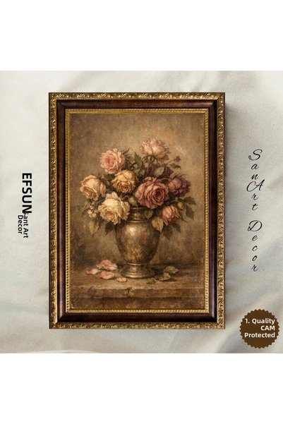 Sanart Buchet de trandafiri într-o vază de cupru, pictură artistică vintage, ...