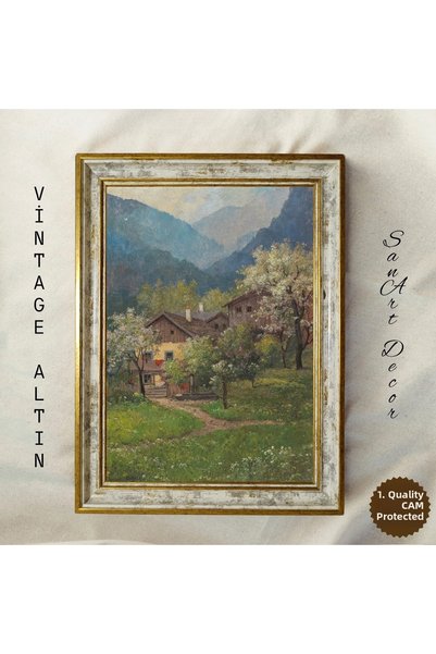 Sanart Tablou vintage cu sat încastrat în valea muntelui, imprimare în ulei, ...
