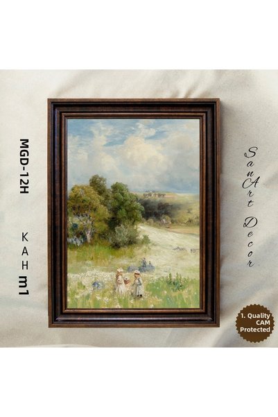 Sanart Peisaj pastoral în pășune, tablou vintage înrămat, imprimare în ulei, ...