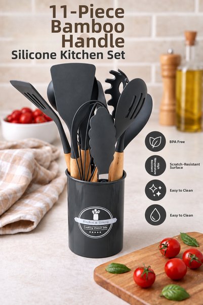 NOKKA 11 Piece Heat Resistant Silicone Kitchen Utensil Set with Bamboo Handle...