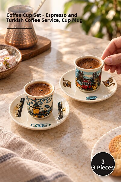 Yenilig طقم فناجين قهوة 3 قطع - لتقديم الإسبريسو والقهوة التركية، كوب موج