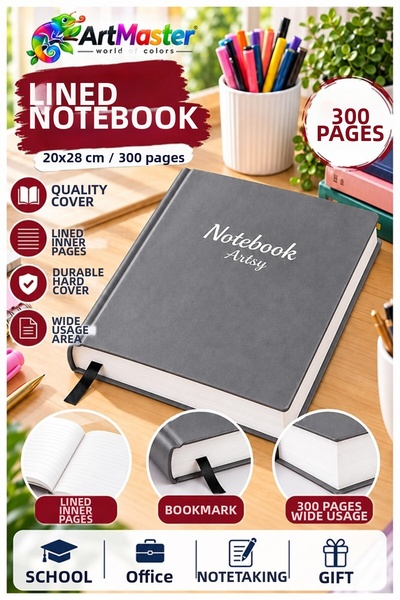 Artmaster Gray Hardcover Lined Notebook 300 Sheets 20X28Cm 1 Piece Multi-Leaf...
