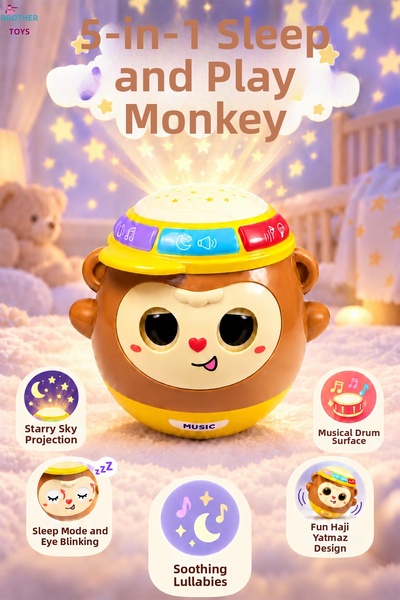 Brother Toys رفيق النوم واللعب 5 في 1 مع إضاءة وعرض ضوئي على شكل قرد 13 سم.