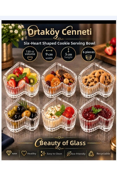 ORTAKÖYCENNETİ 6 قطع من وعاء تقديم الكعك الزجاجي على شكل قلب، سعة 130 سم مكعب...