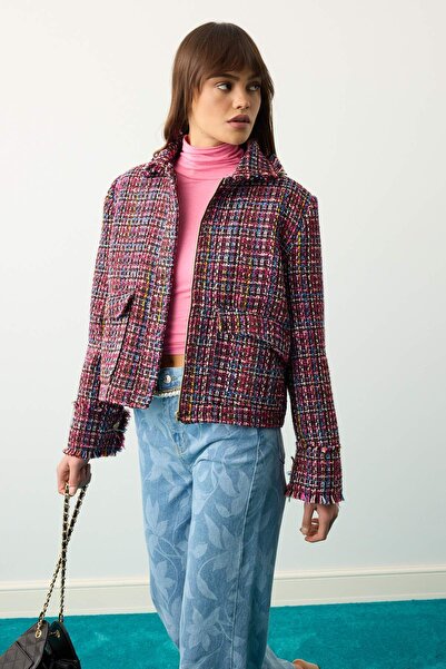 Trendyol Collection Limited Edition Fuchsia Zippered Tweed Jacket Twoaw27Ce00054