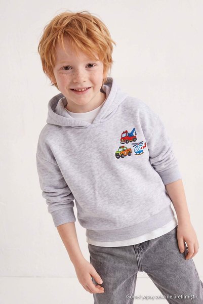 TRENDYOLKIDS Kar Melanj Kalın Erkek Çocuk Kapüşonlu Baskılı Sweatshirt TKDAW2...