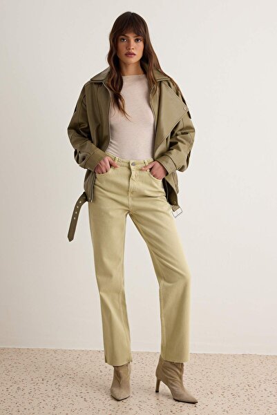 Trendyol Collection بنطلون جينز كاكي عالي الخصر واسع الساقين TWOAW27JE00310