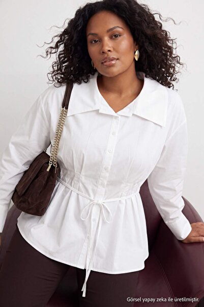 Trendyol Curve White Wide Collar Lace-Up Stylish Woven Oversize Shirt Tbbaw27...
