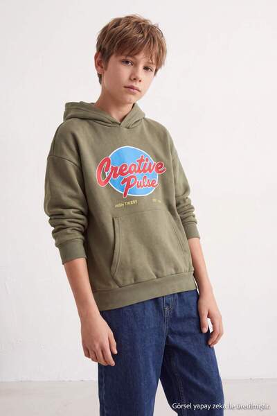 TRENDYOLKIDS Khaki Thick Fleece Lined Boys' Hooded Knitted Sweatshirt Tkdaw27...