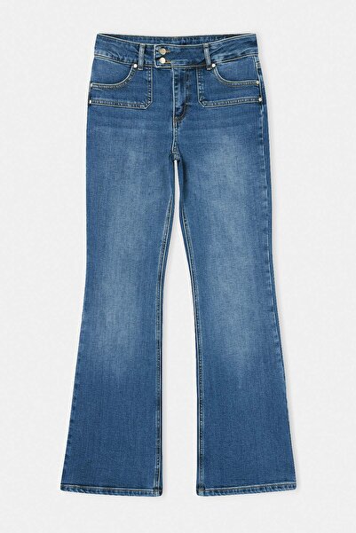 Trendyol Collection Blue Low Waist Flare Jeans with Slight Stretch Waist Deta...