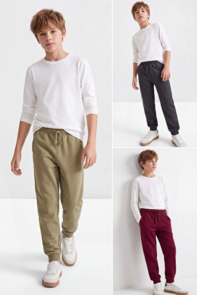 TRENDYOLKIDS Khaki-Burgundy-Anthracite 3-Piece Elastic Waist Jogger Knitted B...