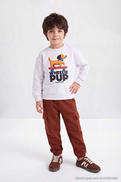 TRENDYOLKIDS Bela debela pamučna dečačka pletena majica i pantalone sa printo...
