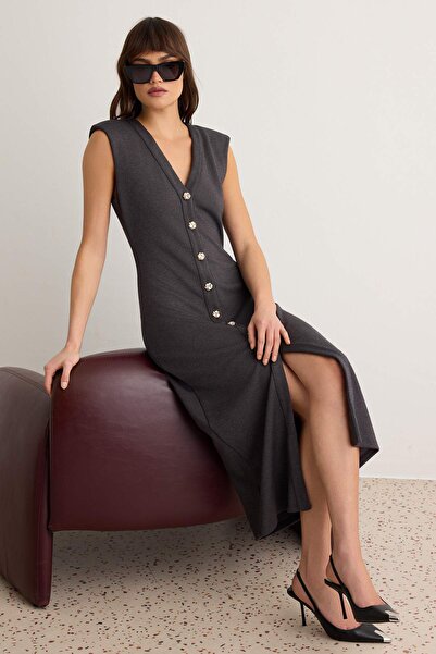 Trendyol Collection Anthracite Bodycon/Bodycon V-Neck Sleeveless Buttoned Mid...