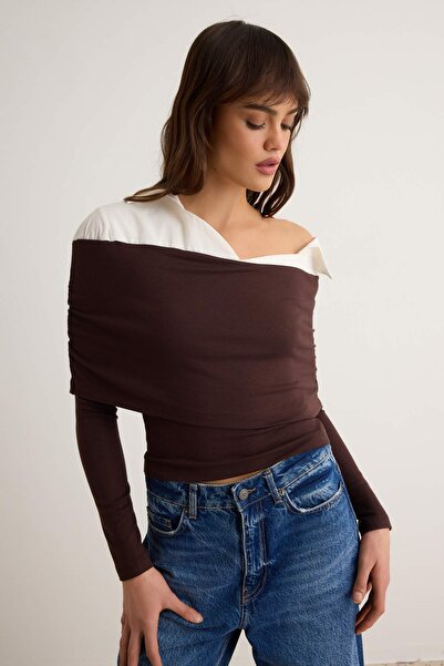 Trendyol Collection Brown Woven Detailed Shirt Collar Fitted/Body-Fitting Dou...