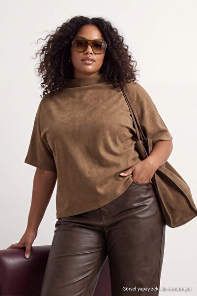 Trendyol Curve Camel Süet Dokuma Büyük Beden Bluz TBBAW27AF00060
