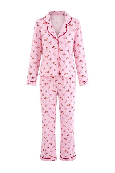 Trendyol Collection Pink 100% Cotton Dog Patterned Ribbed Knitted Pajamas Set...