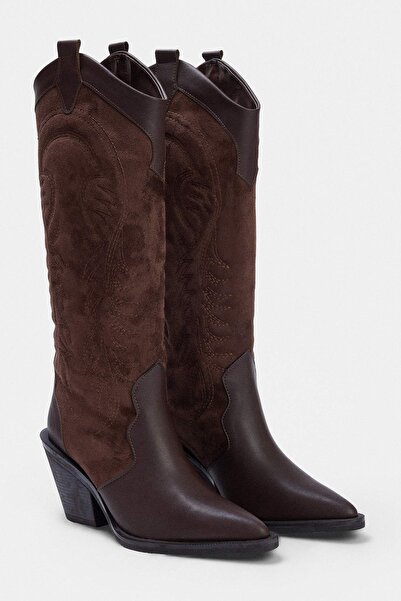 TRENDYOL SHOES Brown Embroidered Detailed 8.5 cm Women's Cowboy Boots Takaw27...