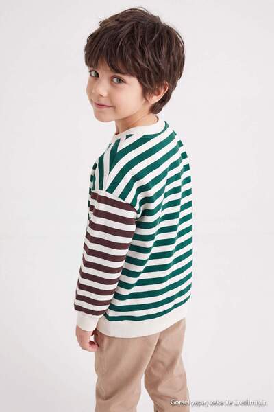 TRENDYOLKIDS Green 100% Cotton Thick Boys' Striped Knitted Sweatshirt Tkdaw27...
