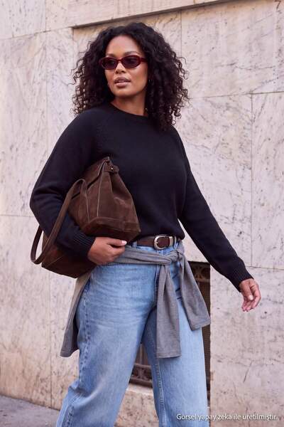 Trendyol Curve Wardrobe Essentials Black Wool Asymmetrical Hem Knitwear Overs...