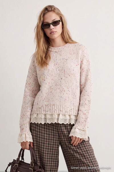 Trendyol Collection Ecru Nopeli Wide Fit Lace-Trimmed Knitwear Sweater Twoaw2...