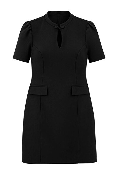 Trendyol Curve Black Scattered Collar Balloon Sleeve Mini Woven Plus Size Dre...