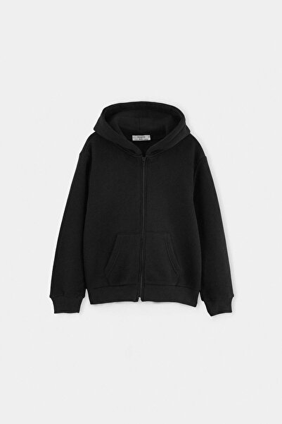 TRENDYOLKIDS Black Boy's Plain Knitted Hooded Sweatshirt Tkdaw27Sw00021