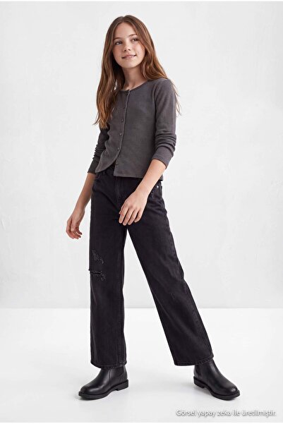 TRENDYOLKIDS Anthrazitfarbenes, gerades, geripptes, elastisches Strick-T-Shir...