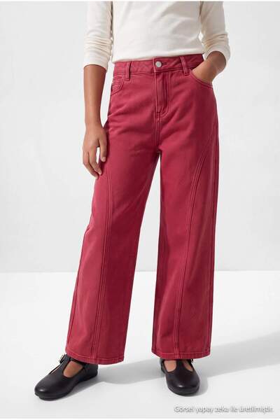 TRENDYOLKIDS Burgunderfarbene, weite Jeanshose für Mädchen aus flexiblem Stof...