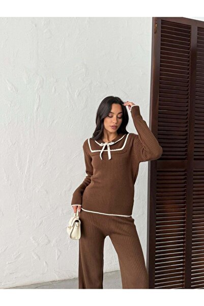 HKT HAK TEKSTİL Bowknot Detailed Ship Collar Ribbed Knitwear Sweater and Trou...