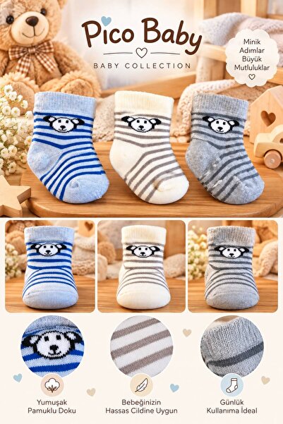 Pico Baby 3'lü Yenidoğan Bebek Ayıcık Desenli/Kışlık/ Havlu Çorap