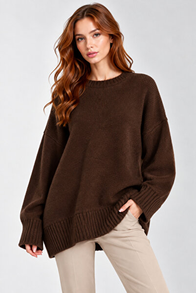 İLKCET MODA Oversize Basic Kahve Uzun Kadın Kazak