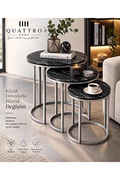 QUATTRO HOME Siyah Mermer Desenli Gümüş Metal Ayaklı 3'lü Zigon Sehpa Takımı