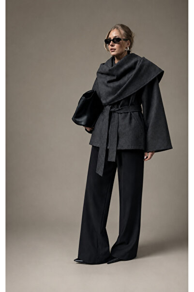 Glowear Atelier Women's Gray Cashmere Shawl Collar Detailed Design Belted Jacket