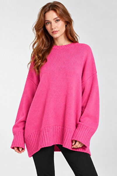 İLKCET MODA Oversize Basic Pembe Uzun Kadın Kazak
