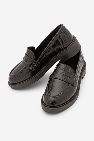 Marjin Kadın Loafer Günlük Klasik Ayakkabı Casual Makosen Fonle Kahve Croco