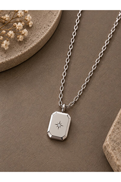 serelya Steel Chain Silver Color Minimal Pole Star Model Women's Necklace