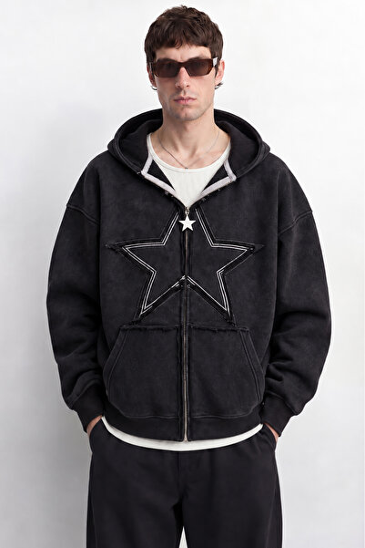 Yıldız Nakışlı Yıkama Efekt Oversize Fermuarlı Hoodie Hırka Zip Sweatshirt - Siyah