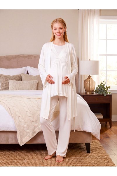 Lohusa Homewear Noul sezon, ecru, guler dublu, design cu funcție de alăptare ...