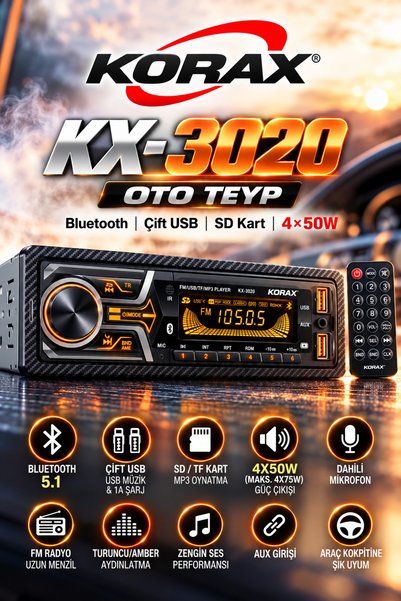 Korax KX-3020 Bluetooth Çift USB Girişli Rgb Çok Renkli Oto Teyp 4 x 50 W / M...