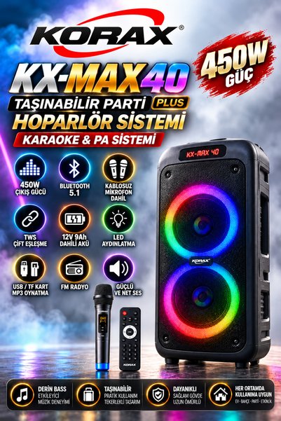 Korax Kx-Max 40 450W Akülü Taşınabilir Parti Hoparlörü - Kablosuz Mikrofonlu, Tws, LED Işıklı Karaoke Ses Sistemi