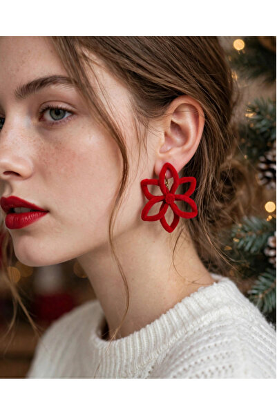 zerzembe Red Velvet Empty Flower Earrings - Velvet Outline Flower - Christmas...
