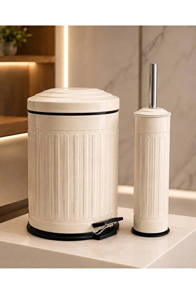 GörSeç Vintage Serisi Amortisörlü Vintage Krem 5LT Banyo Seti Pedallı Çöp Kov...