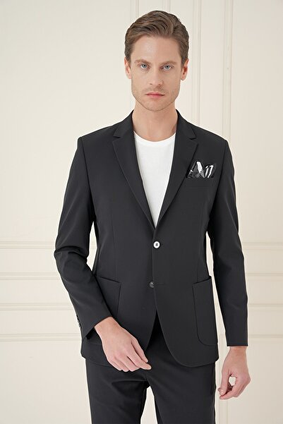 Efor Slim Fit Torba Cep Esnek Spandex Karışımlı Düz Siyah Blazer Ceket C 696