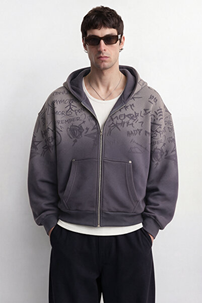 Lazer Baskı Premium Oversize Fermuarlı Hoodie Hırka Zip Sweatshirt - Füme